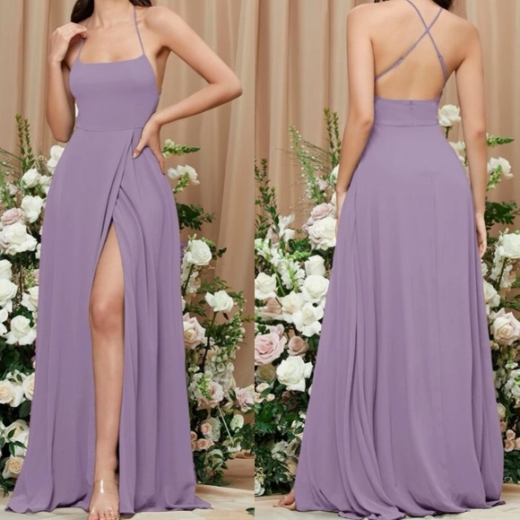 Luxe dusty blue crisscross back slit thigh party bridesmaids formal maxi dress - Picture 12 of 16